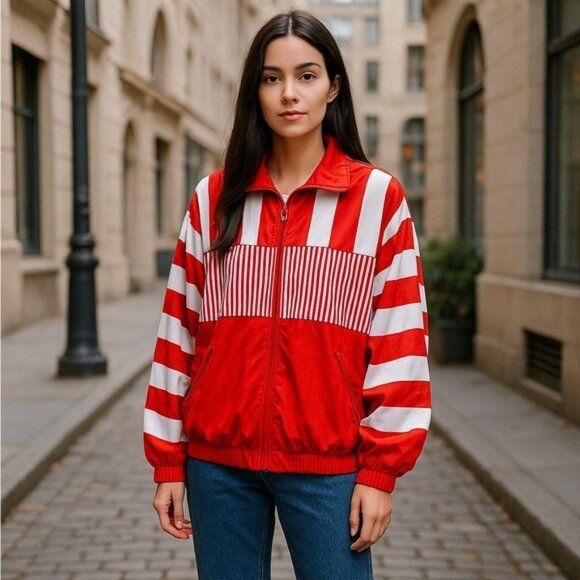 Vintage Red & White Striped Track Jacket Cospo Women’s Medium Oversized Dolman - Picture 10 of 11